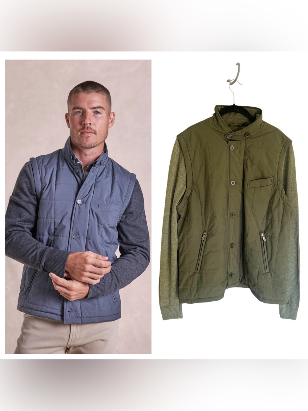 Rye 51 Rhett quilted vest convertible jacket removable sleeves army green sz 42